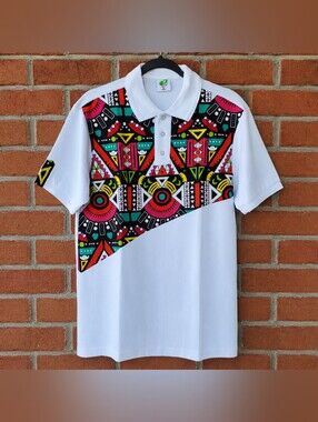Men's White Polo Shirt with Colorful Geometric Print